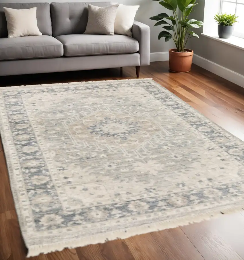 Beige And Grey Oriental Hand Loomed Stain Resistant Area Rug With Fringe Photo 1