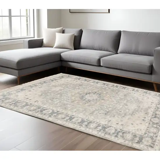 Beige And Grey Oriental Hand Loomed Stain Resistant Area Rug With Fringe Photo 1