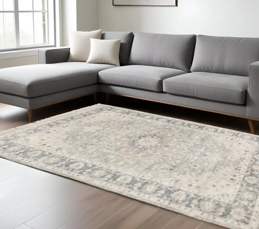 Beige And Grey Oriental Hand Loomed Stain Resistant Area Rug With Fringe Photo 1