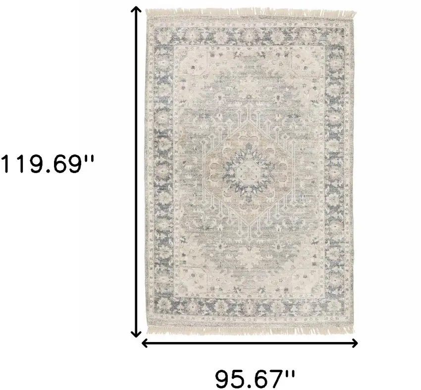 Beige And Grey Oriental Hand Loomed Stain Resistant Area Rug With Fringe Photo 10