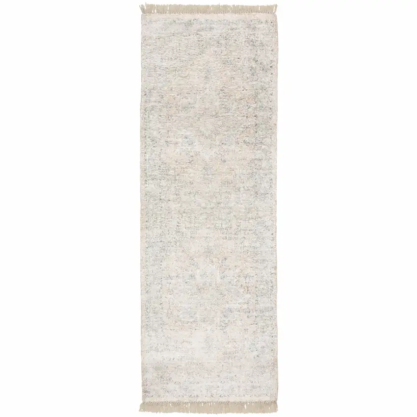 Beige And Grey Oriental Hand Loomed Stain Resistant Runner Rug With Fringe Photo 1