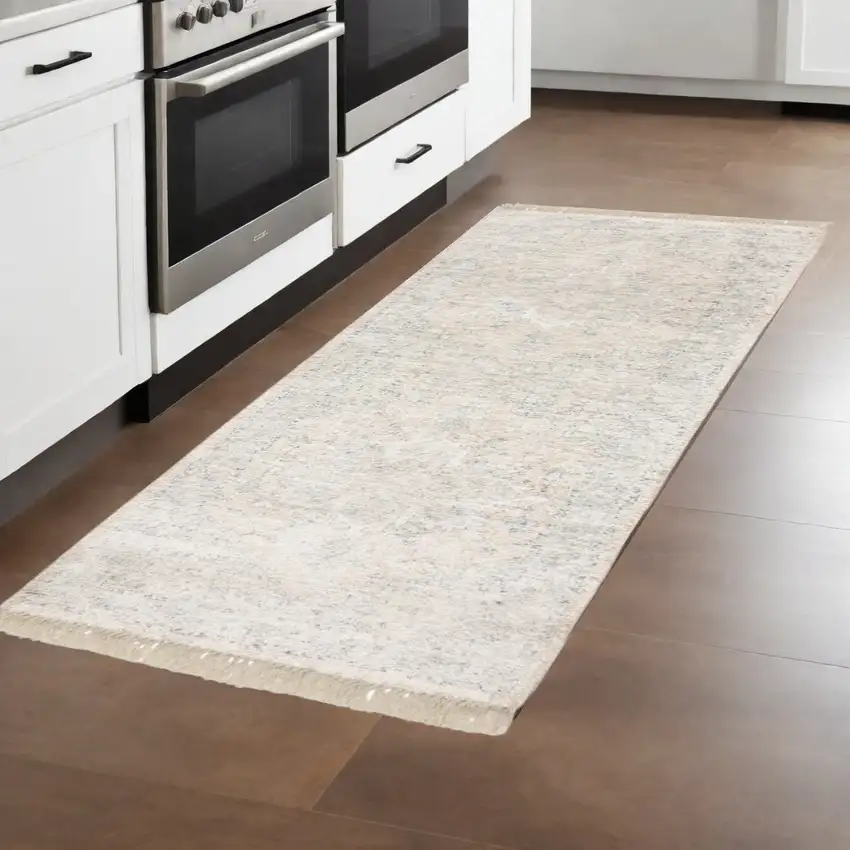 8' Beige and Ivory Oriental Hand Loomed Runner Rug With Fringe Photo 1