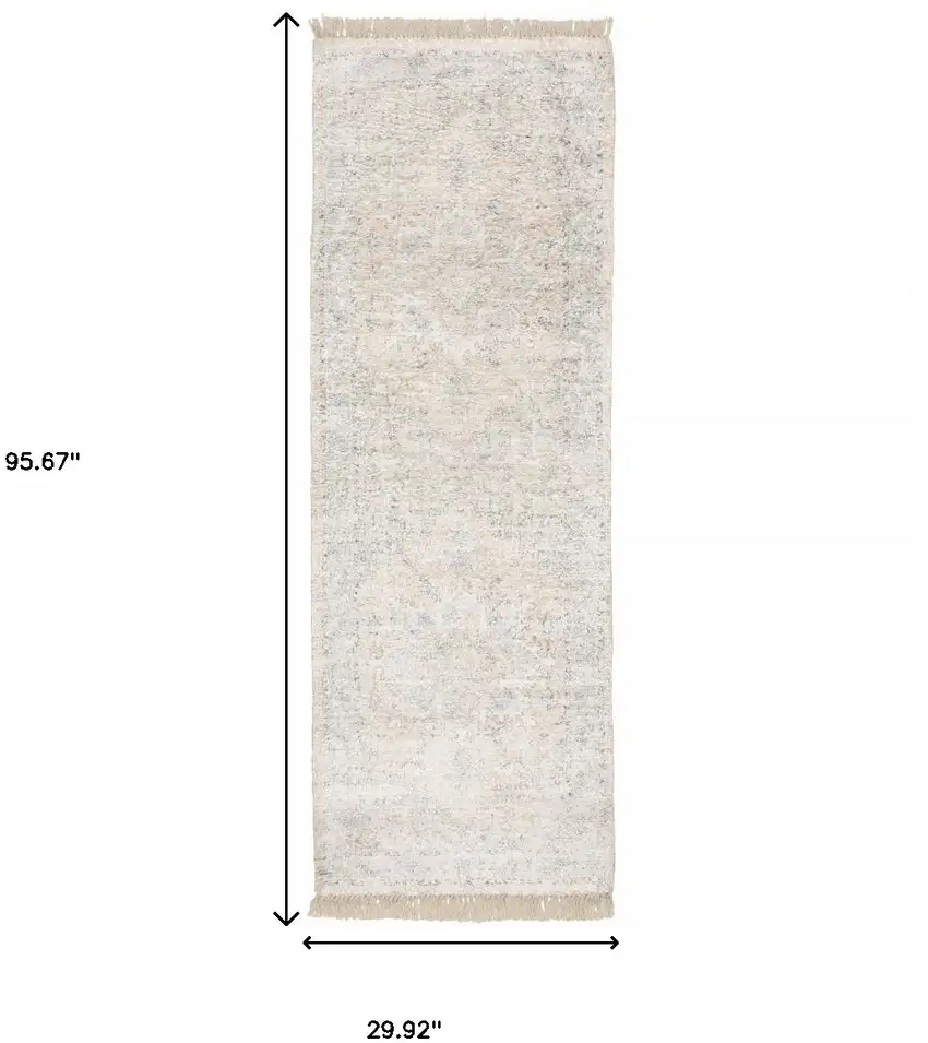 Beige And Grey Oriental Hand Loomed Stain Resistant Runner Rug With Fringe Photo 10