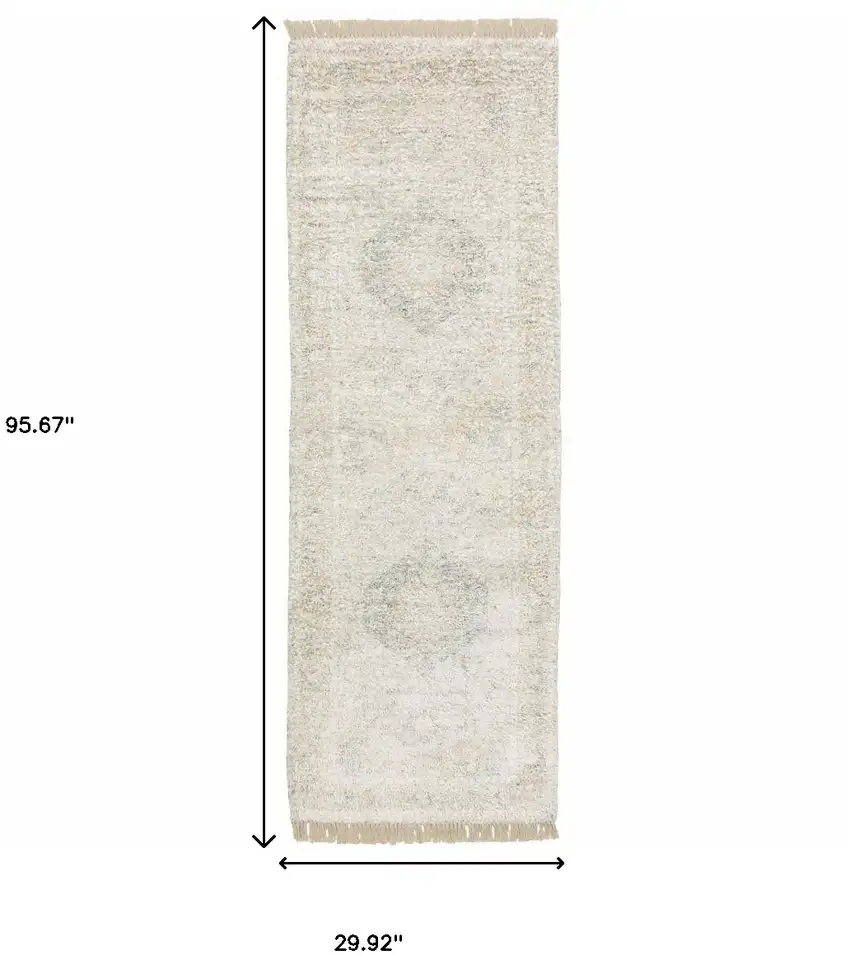 Beige And Grey Oriental Hand Loomed Stain Resistant Runner Rug With Fringe Photo 10