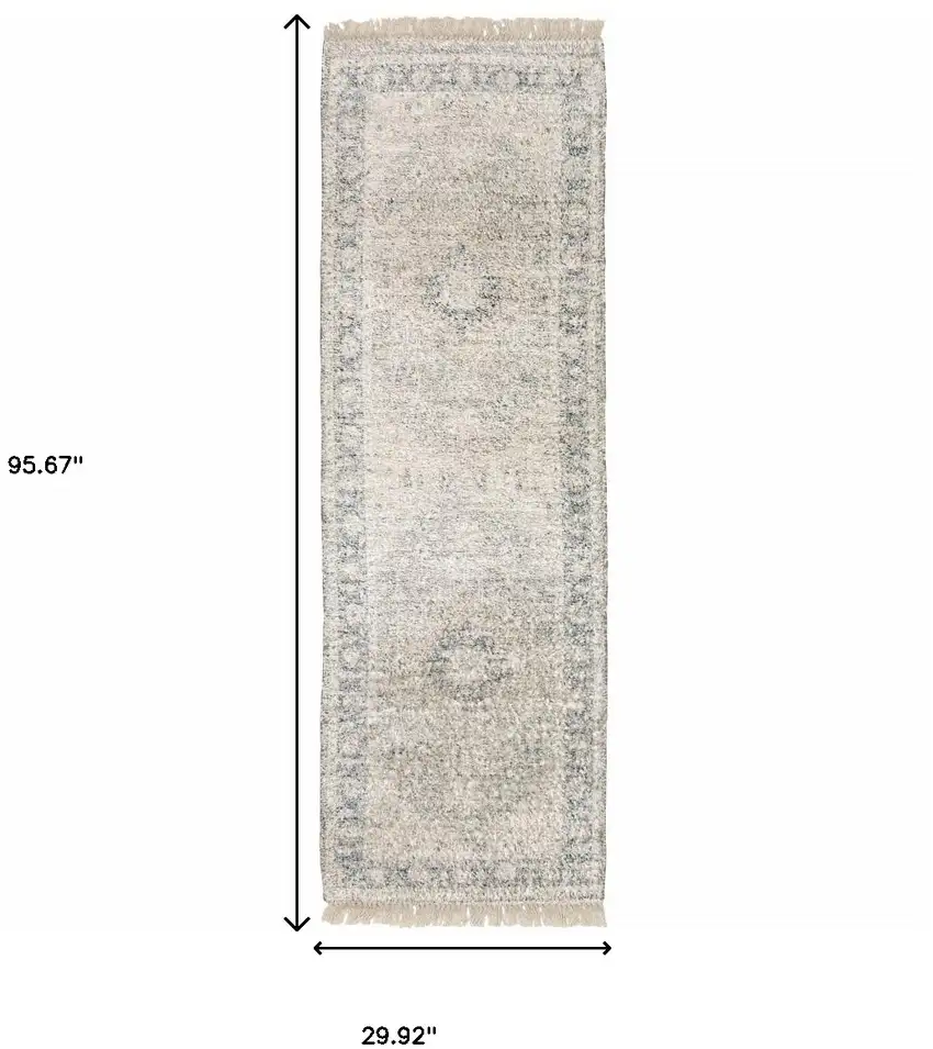 8' Beige and Ivory Oriental Hand Loomed Runner Rug With Fringe Photo 3