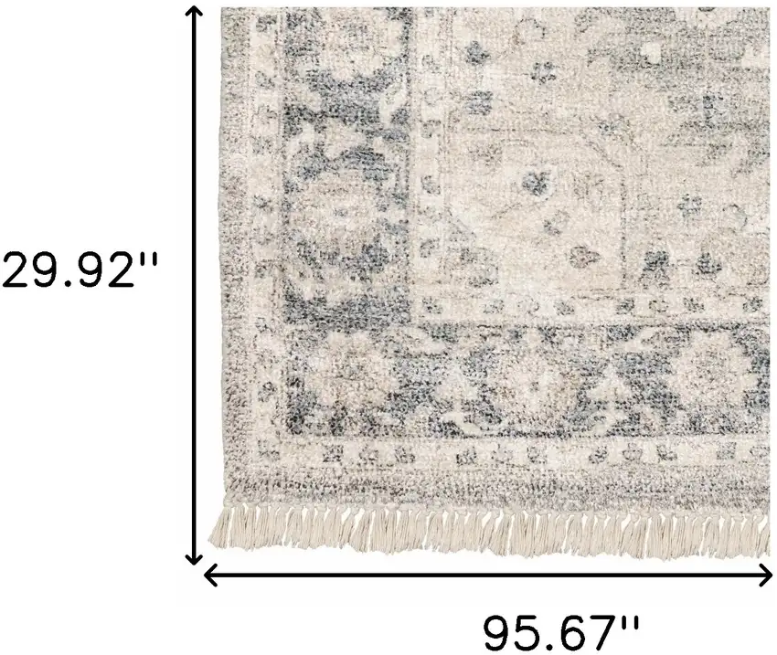 Beige And Grey Oriental Hand Loomed Stain Resistant Runner Rug With Fringe Photo 10