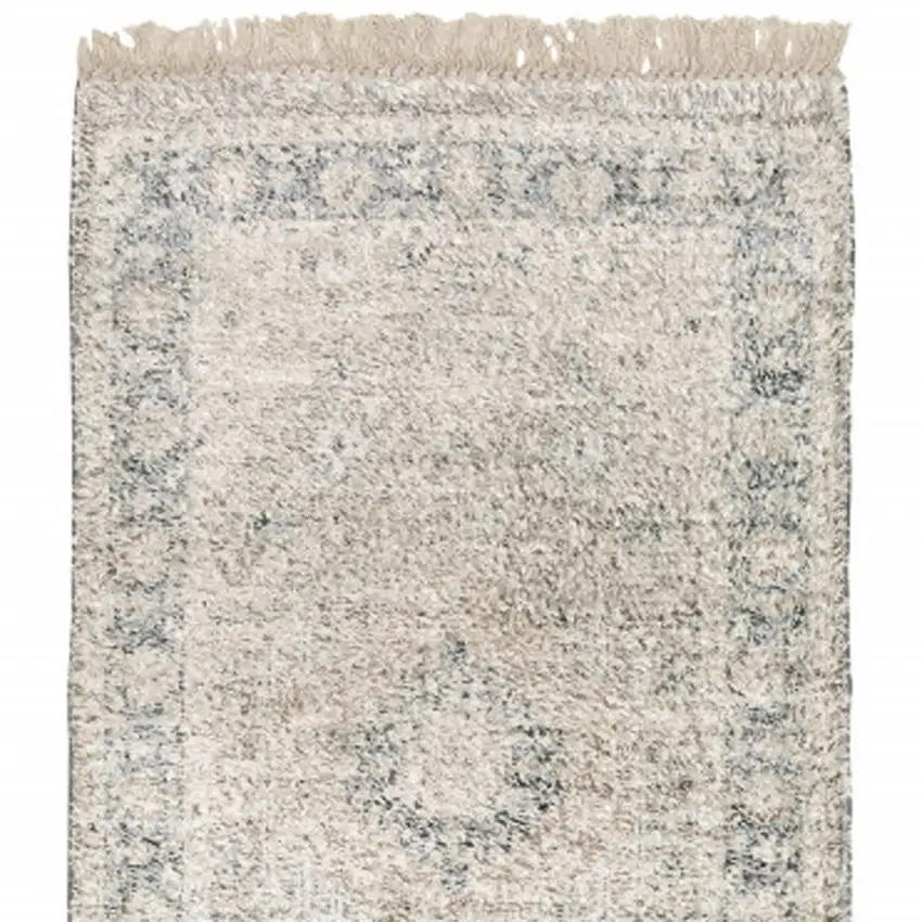 8' Beige and Ivory Oriental Hand Loomed Runner Rug With Fringe Photo 4