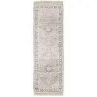 Photo of Beige And Grey Oriental Hand Loomed Stain Resistant Runner Rug With Fringe