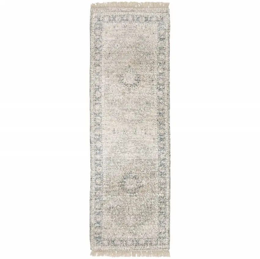 Beige And Grey Oriental Hand Loomed Stain Resistant Runner Rug With Fringe Photo 2