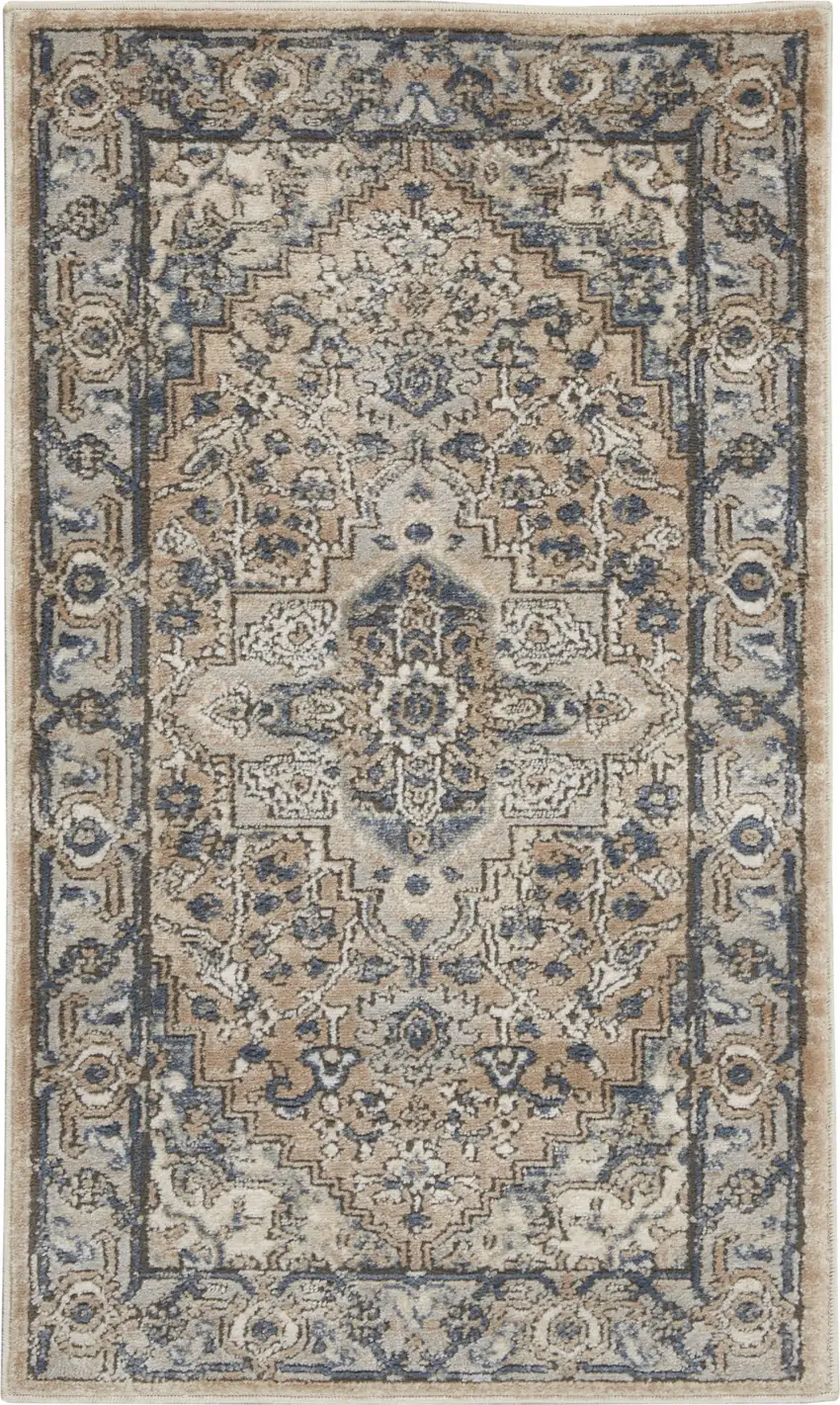 Beige And Grey Oriental Power Loom Non Skid Area Rug Photo 1