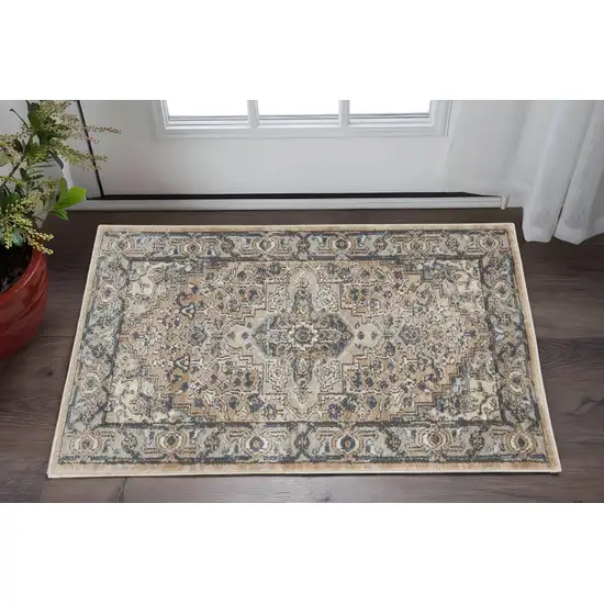 Beige And Ivory Oriental Distressed Area Rug Photo 1