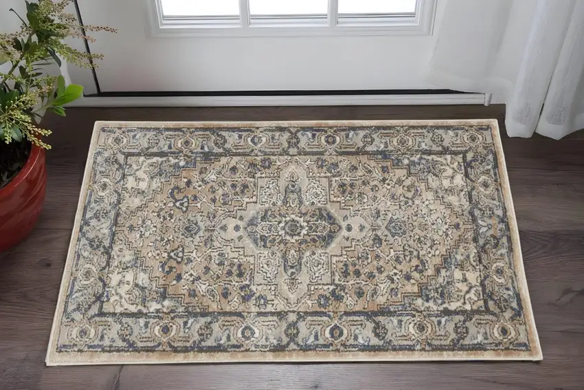Beige And Ivory Oriental Distressed Area Rug Photo 1
