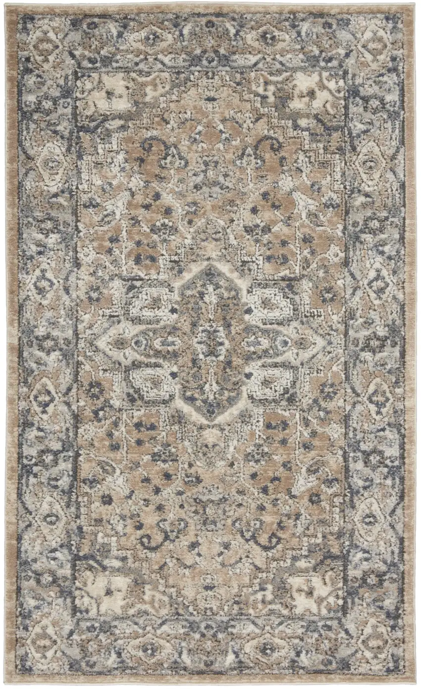 Beige And Grey Oriental Power Loom Non Skid Area Rug Photo 8