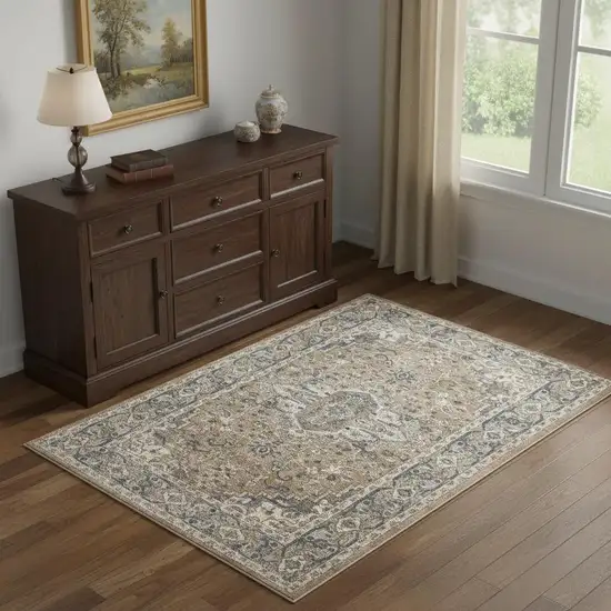 Beige And Grey Oriental Power Loom Non Skid Area Rug Photo 1