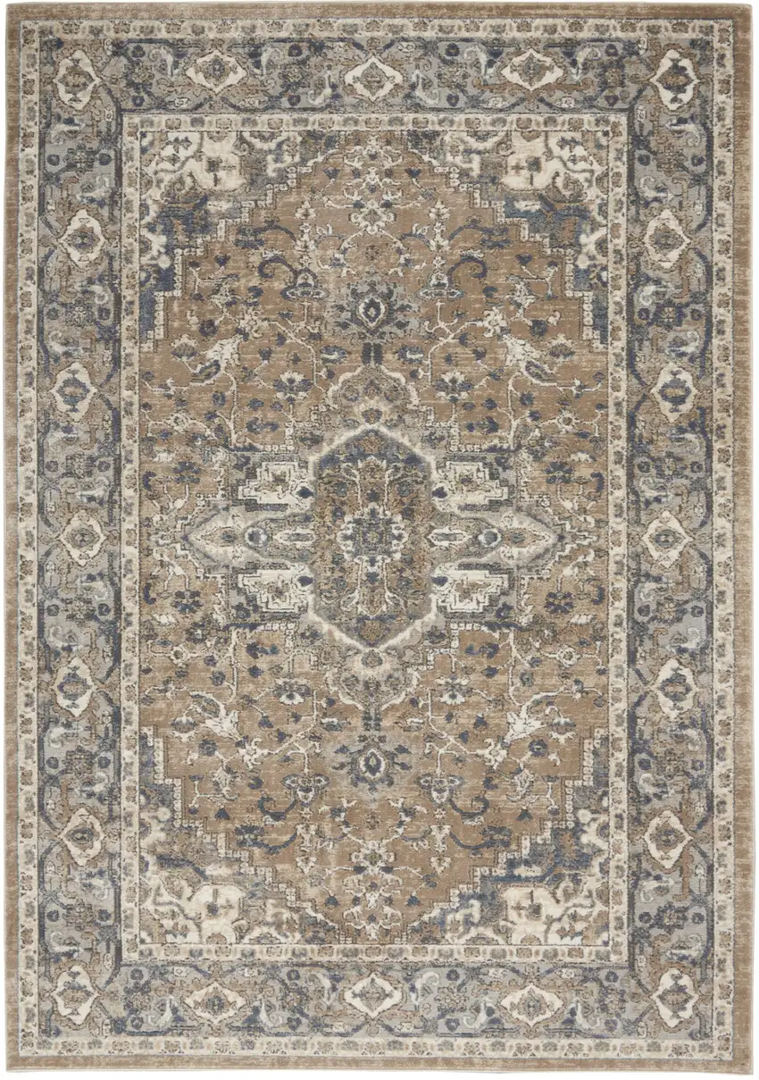 Beige And Grey Oriental Power Loom Non Skid Area Rug Photo 2