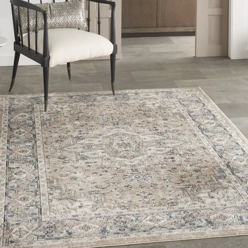 Beige And Grey Oriental Power Loom Non Skid Area Rug Photo 6