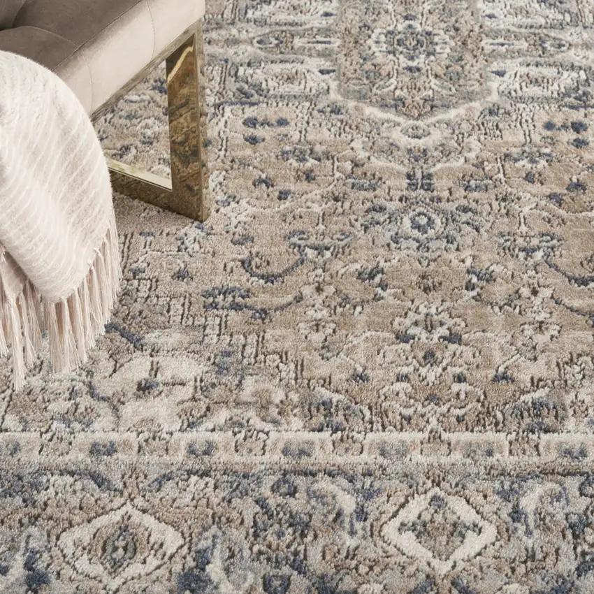 Beige And Grey Oriental Power Loom Non Skid Area Rug Photo 9