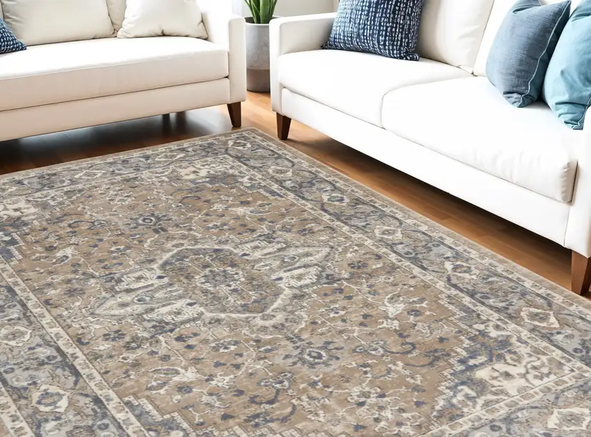 Beige And Grey Oriental Power Loom Non Skid Area Rug Photo 1
