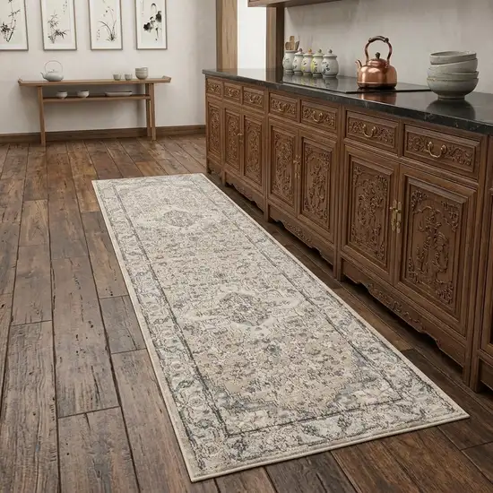 2' X 8' Beige And Grey Oriental Power Loom Non Skid Runner Rug Photo 1