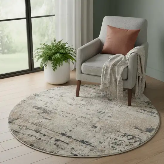 4' X 4' Beige And Grey Round Abstract Power Loom Non Skid Area Rug Photo 1