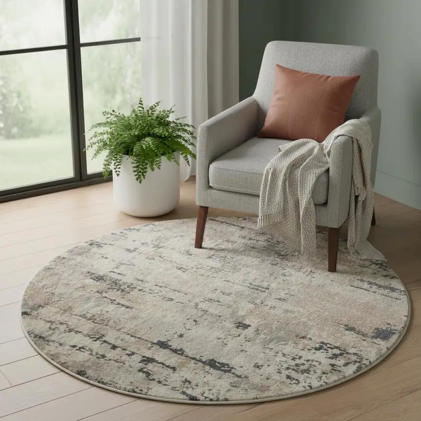 4' X 4' Beige And Grey Round Abstract Power Loom Non Skid Area Rug Photo 1