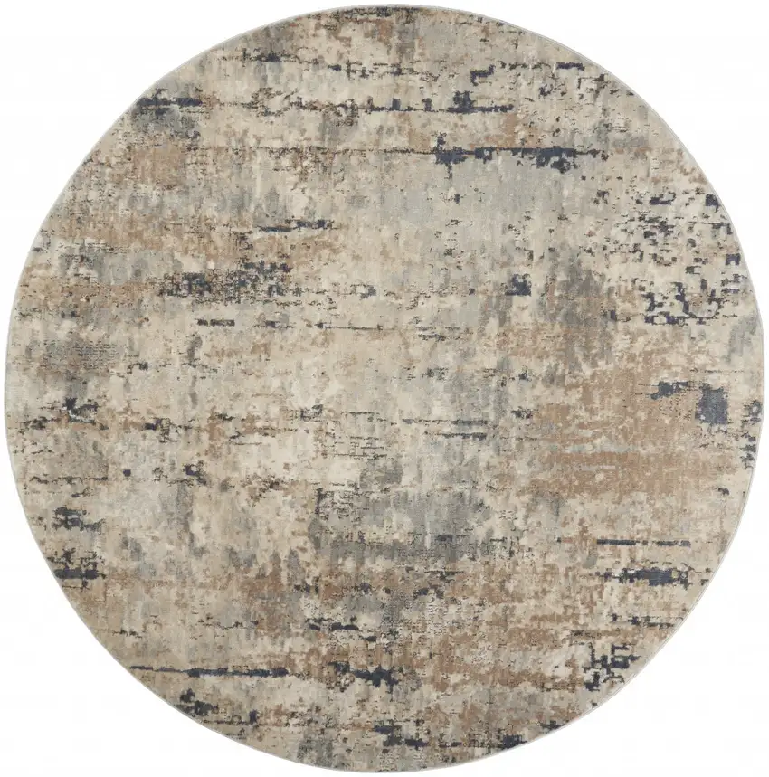 Beige And Grey Round Abstract Power Loom Non Skid Area Rug Photo 1