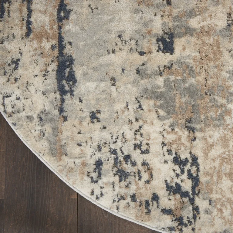 Beige And Grey Round Abstract Power Loom Non Skid Area Rug Photo 5