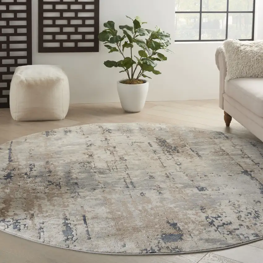 8' Beige And Ivory Abstract Distressed Round Rug Photo 5