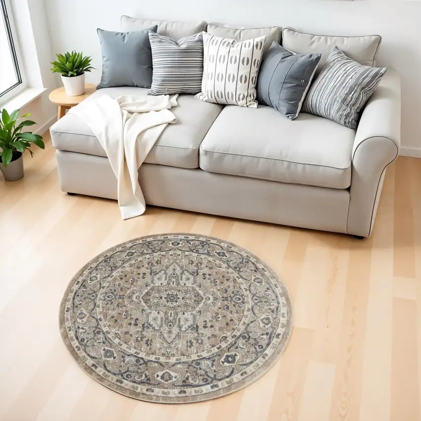 4' Beige And Ivory Oriental Distressed Round Rug Photo 1