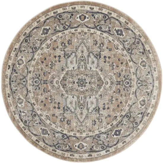 5' X 5' Beige And Grey Round Oriental Power Loom Non Skid Area Rug Photo 3