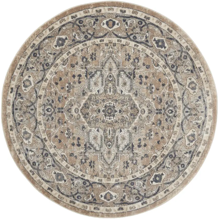 5' X 5' Beige And Grey Round Oriental Power Loom Non Skid Area Rug Photo 3