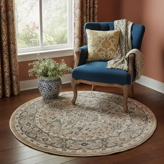 5' X 5' Beige And Grey Round Oriental Power Loom Non Skid Area Rug Photo 1