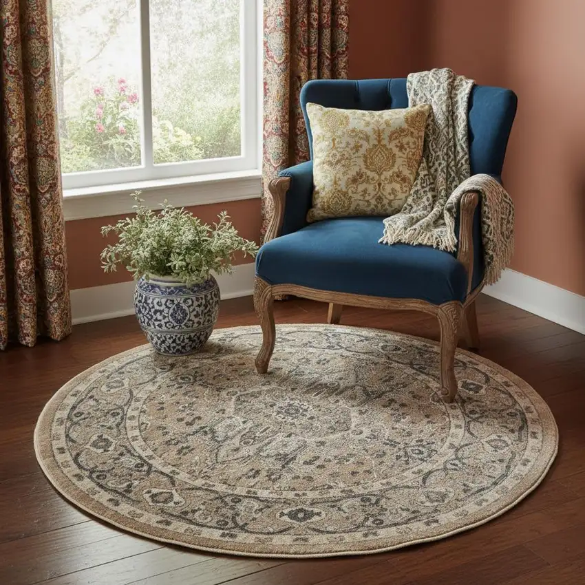 5' X 5' Beige And Grey Round Oriental Power Loom Non Skid Area Rug Photo 1