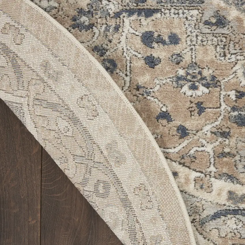 5' X 5' Beige And Grey Round Oriental Power Loom Non Skid Area Rug Photo 8