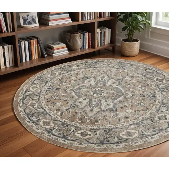 8' Beige And Ivory Oriental Distressed Round Rug Photo 1