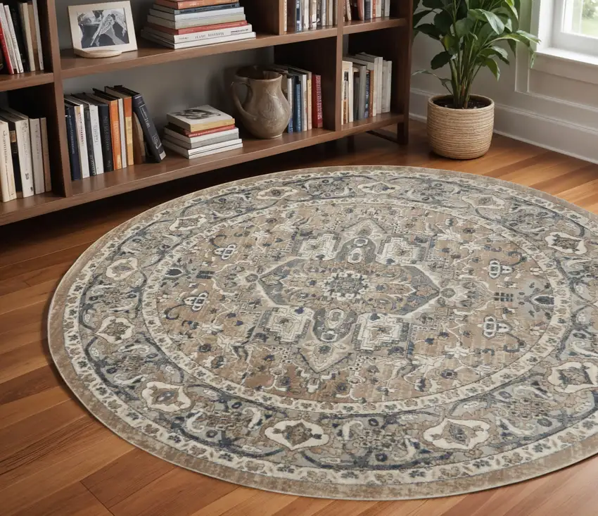 8' Beige And Ivory Oriental Distressed Round Rug Photo 1