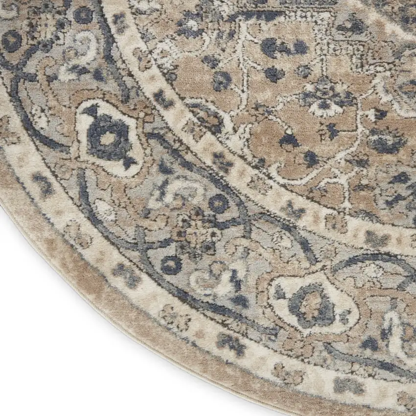 8' Beige And Ivory Oriental Distressed Round Rug Photo 8