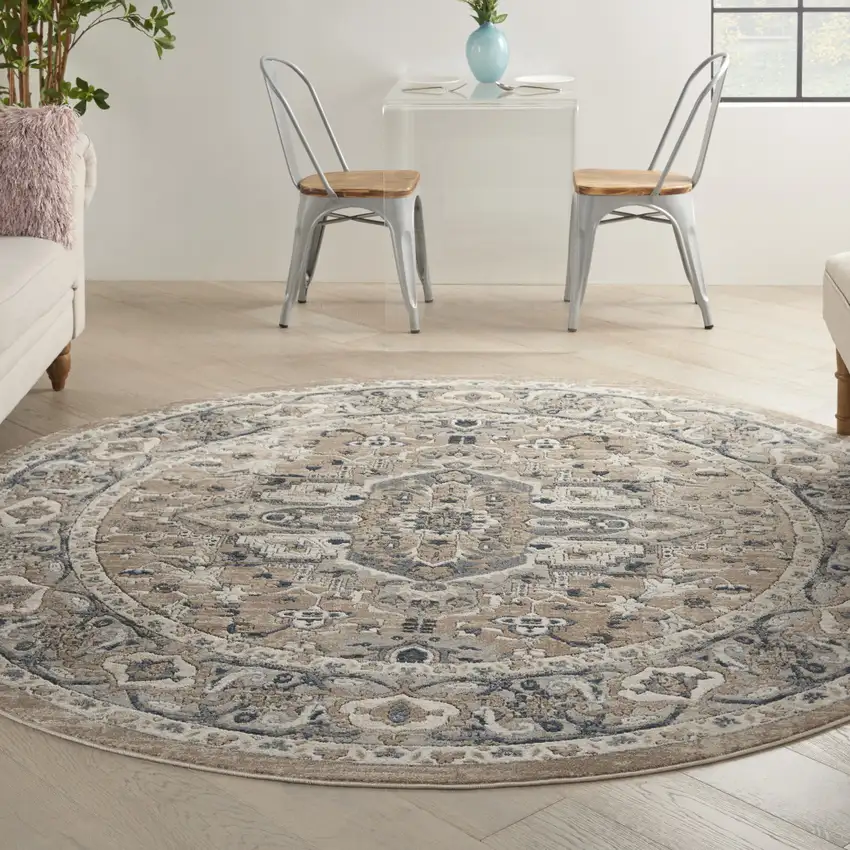 8' Beige And Ivory Oriental Distressed Round Rug Photo 3
