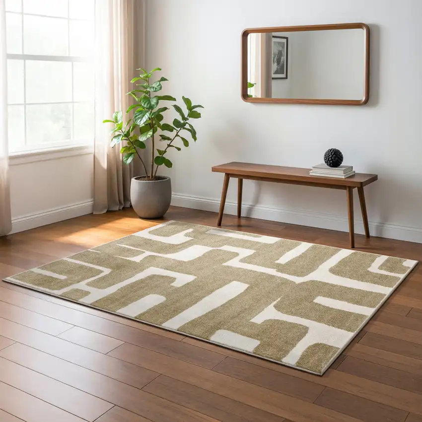 Beige And Ivory Abstract Area Rug Photo 5