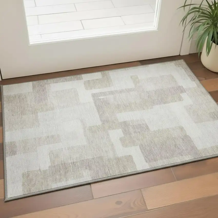 Beige And Ivory Abstract Geometric Washable Area Rug With UV Protection Photo 2