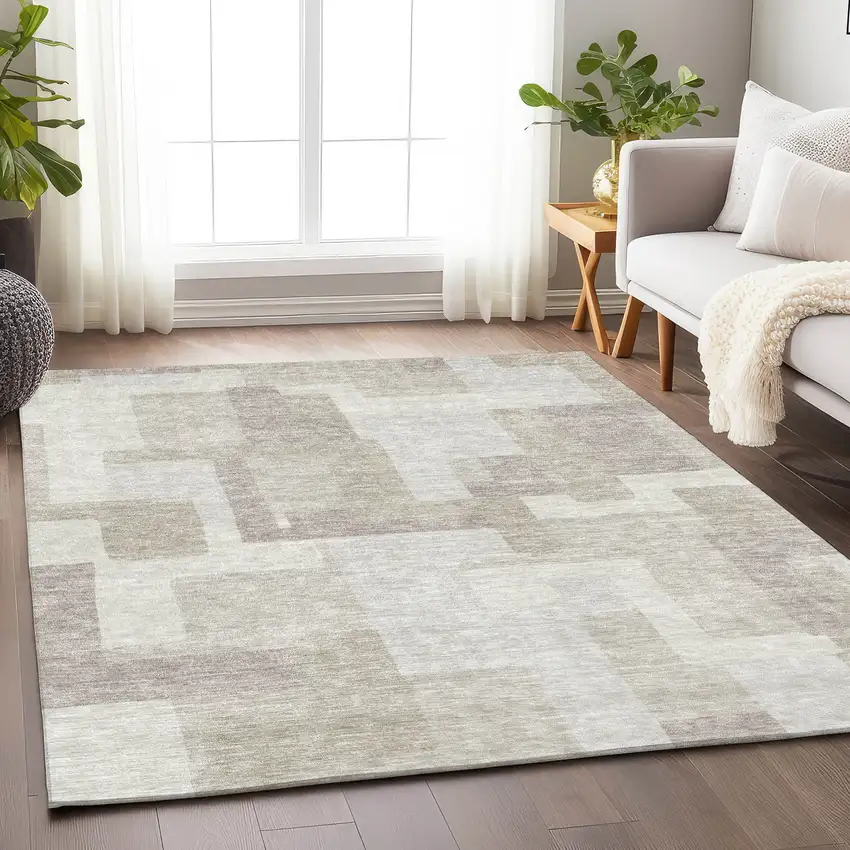 Beige And Ivory Abstract Geometric Washable Area Rug With UV Protection Photo 5
