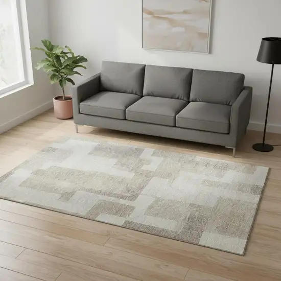 Beige And Ivory Abstract Geometric Washable Area Rug With UV Protection Photo 2