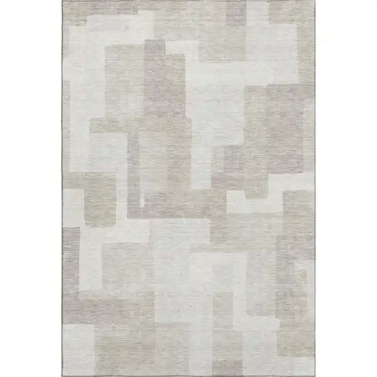 Beige And Ivory Abstract Geometric Washable Area Rug With UV Protection Photo 1