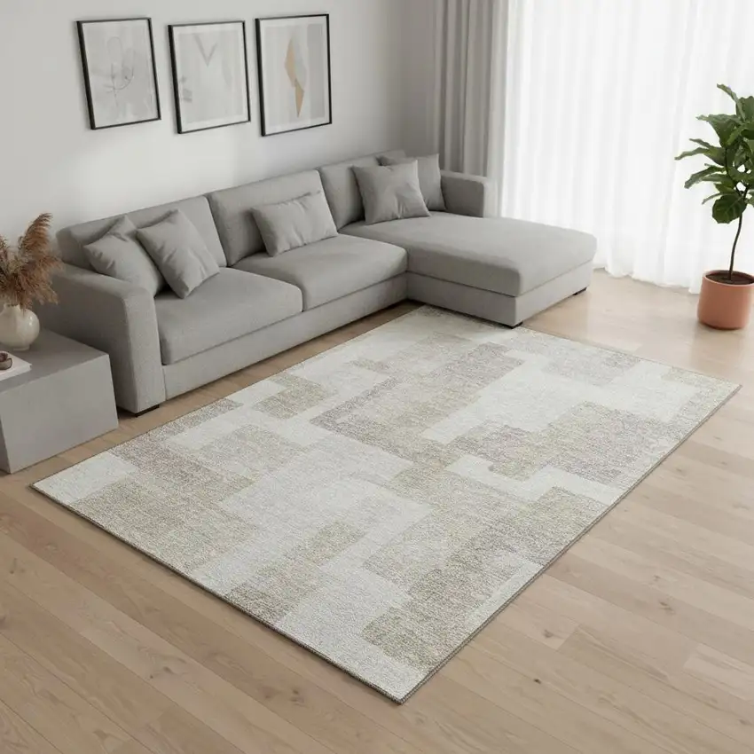 Beige And Ivory Abstract Geometric Washable Area Rug With UV Protection Photo 2