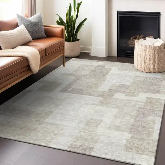 Beige And Ivory Abstract Geometric Washable Area Rug With UV Protection Photo 6
