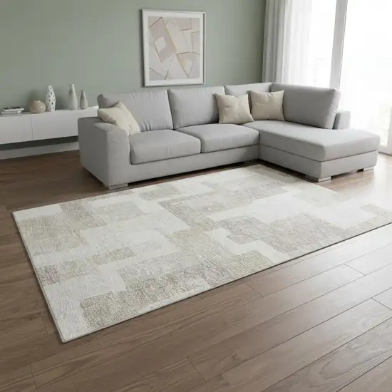 Beige And Ivory Abstract Geometric Washable Area Rug With UV Protection Photo 2
