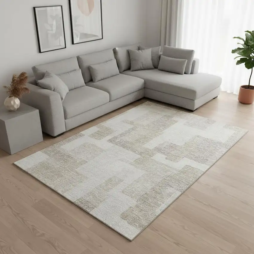 Beige And Ivory Abstract Geometric Washable Area Rug With UV Protection Photo 2
