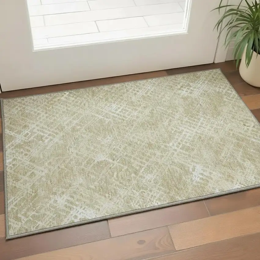 Beige And Ivory Abstract Geometric Washable Area Rug With UV Protection Photo 2