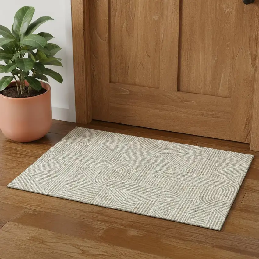 Beige And Ivory Abstract Geometric Washable Area Rug With UV Protection Photo 1