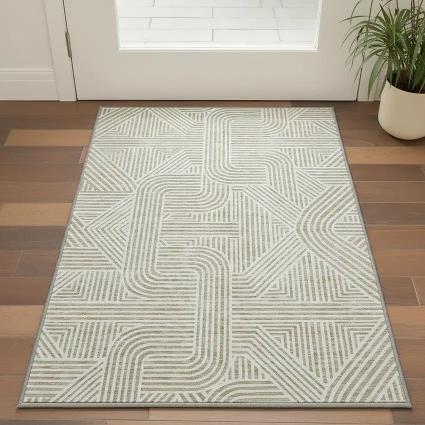 Beige And Ivory Abstract Geometric Washable Area Rug With UV Protection Photo 2